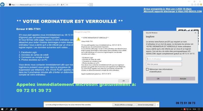 ATTENTION ARNAQUES: ordinateur bloqué et demande d'appel à Microsoft. Adware / virus publicitaire (34 Montpellier)