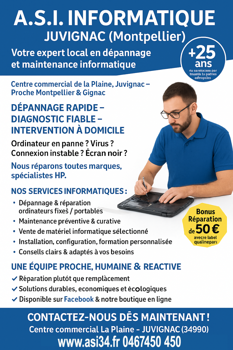 assistance informatique Montpellier Réparation ordinateur Juvignac -Maintenance St Gely du Fesc Dépannage Saint Jean de Védas